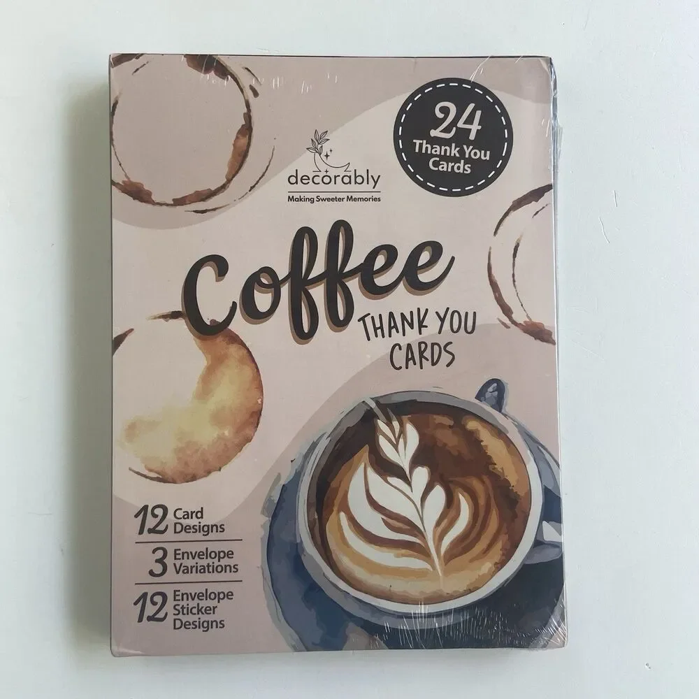 Decorably 24 Pack 6x4in Coffee Thank You Cards, Envelopes, Stickers (12 Designs)